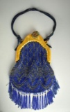 Blue & Gold Beaded Handbag with Fringe & Bakelite Frame