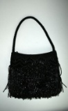 Contemporary Black Beaded Handbag with Fringe & Beaded Handle