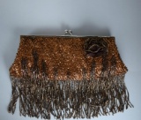 Fully Bronze Sequin & Bead Fringed Frame Handbag with Brown Rose & Optional Shoulder Chain