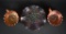 Lot of Three Imperial Carnival Glass “Pansy” Pieces: Purple Bowl & Pair Marigold/Amber Nappies