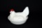 Vintage Milk Glass Hen w/ Red Comb on Nest Covered Dish