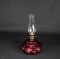 Cranberry Glass Base 8.5” Oil Lamp, Clear Chimney