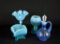 Lot of Four Blue Glass Pieces: Fenton Compote, Footed Rose Bowl, Cruet, Square Bowl
