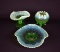 Lot of Three Vintage Green Opalescent Pieces: Dugan Compote, Rose Bowl, Bowl