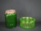 Lot of Green Glass Metal Lidded Jar and Oval Lidded Bowl