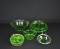 Lot of Five Vintage Green Glass Pieces: Bowls, Basket, Open Sugar, Divided Dish