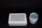 Wedgwood Blue Embossed Queensware Cigarette Box & Miniature Tumbler w/ Grape Vines