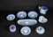Lot of Eight Wedgwood Blue Decorative Pieces w/ Classical Figures, Flowers, & Other