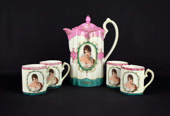 Antique Royal Vienna Pink, White,& Teal Porcelain Tea Pot with 4 Cups