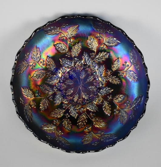 Fenton Carnival Glass “Holly” Cobalt Blue 8” Bowl w/ Bracket Rim