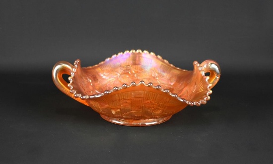 Rare Northwood Carnival Glass “Basket of Roses” Two Handled Marigold Bonbon, Stippled Version
