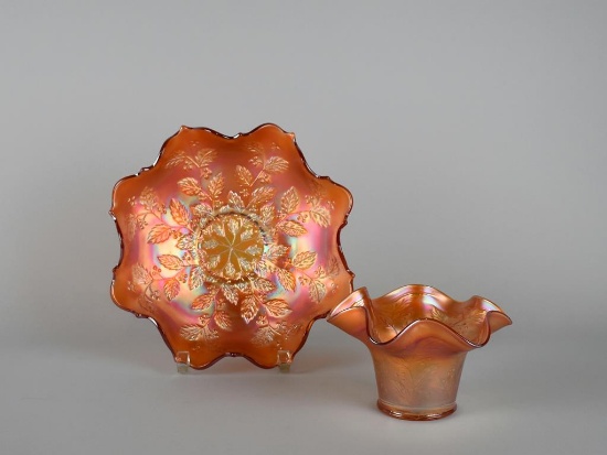 Lot of Two Fenton Carnival Glass “Holly” Marigold Pieces: Vase & Bowl