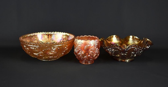Lot of Three Carnival Glass Marigold & Amber Bowls: Imperial “Open Rose” & Other