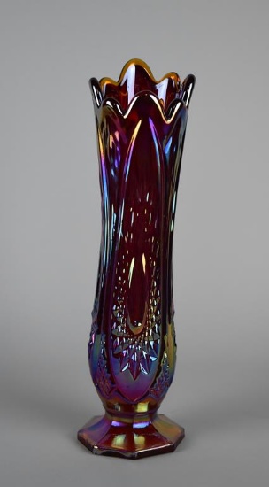 Indiana Carnival Glass “Heirloom” Sunset Red (amberina) 11.5” Swung Glass Vase