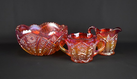 Indiana Glass Carnival Glass “Heirloom Paneled Daisy” Sunset Red Pieces: Bowl, Open Sugar & Creamer