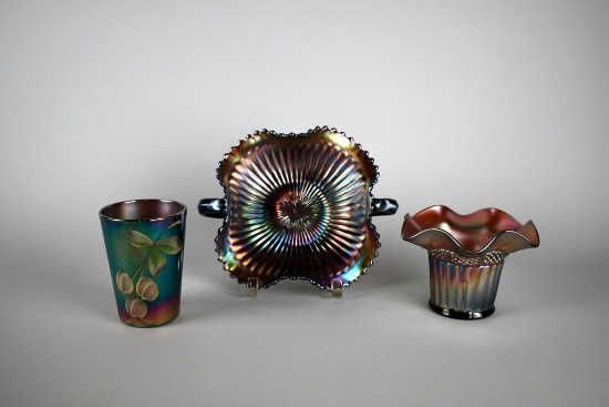 Lot of Three Northwood Carnival Glass: “Smooth Rays” Bonbon, Tumbler & “Vertical Ribs” Hat Vase