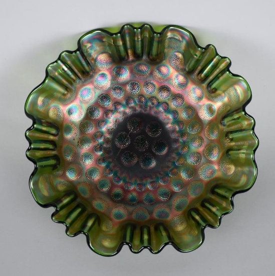 Fenton Carnival Glass “Coin Dot” Green 8.5” Bowl