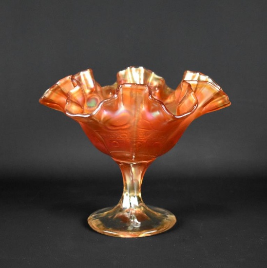 Fenton Carnival Glass “Captive Rose” Marigold 5” H Compote.