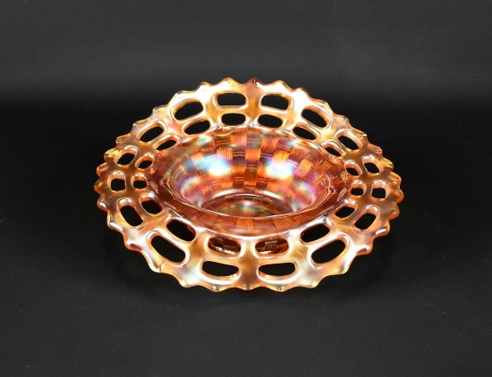 Fenton Carnival Glass “Basket Weave” w/ Lattice Rim 5.5” Bowl/ Vase