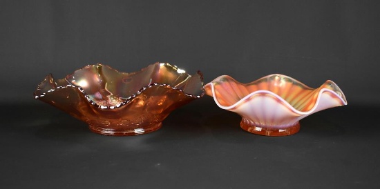 Lot of Two Carnival Glass Bowls: Dugan 8” Peach Opalescent “Stippled Flower” & Other