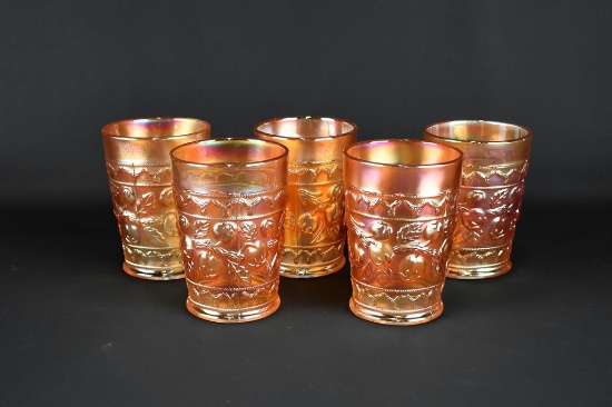 Five Fenton Carnival Glass “Apple Tree” Marigold 4” Tumblers