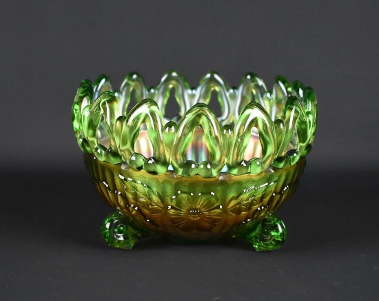 Northwood Carnival Glass “Wild Rose” & “Standard Ray” Green 5” Footed Bowl, Marked