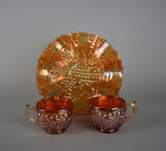 Three Imperial Carnival Glass “Grape” Pieces: 8.5” Bowl & Two Punch Cups