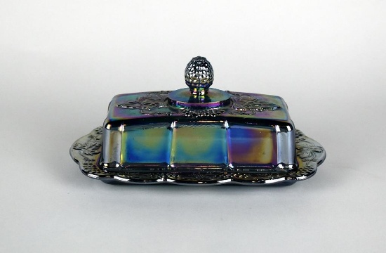 Indiana Glass Carnival Glass “Blue Harvest Grape” Covered Butter Dish