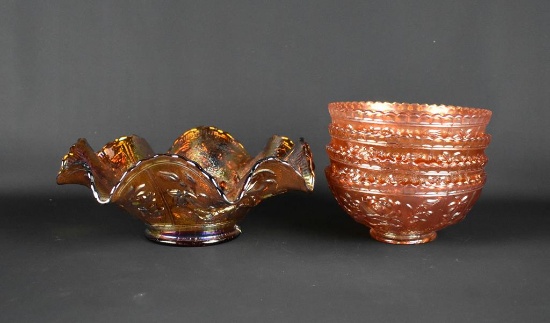 Three Imperial Carnival Glass “Open Rose” Pieces: 8.25” Amber Bowl & Four Marigold Berry Bowls