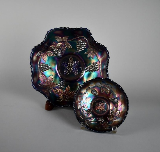 Two Carnival Glass “Grape & Cable” Cobalt Blue Bowls