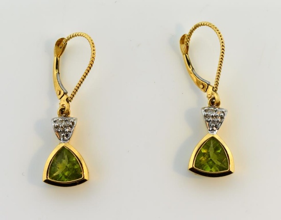 14K Gold Trilliant Cut Peridot and Diamond Earrings