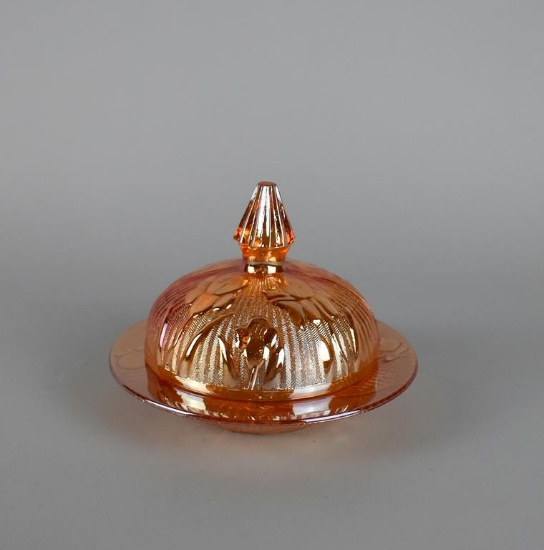 Jeannette Carnival Glass “Iris & Herringbone” 5.75” Marigold Round Butter Dish