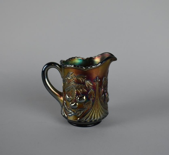 Dugan Carnival Glass “Wreathed Cherry” 4.5” Amethyst Creamer