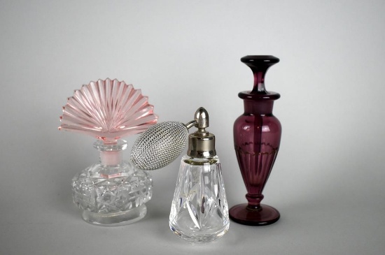 Lot of Three Pink, Purple, & Clear Perfume Bottles w/ Daubers & Atomizer
