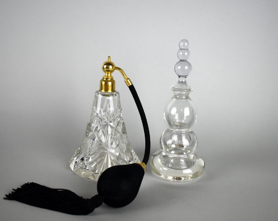 Lot of Two Vintage Clear Glass Perfume Bottles w/ Stopper & Atomizer
