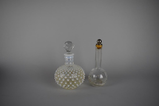 Lot of Two Vintage  Clear & French Opalescent Perfume Bottles w/ Stoppers” Lucien Lelong & Other