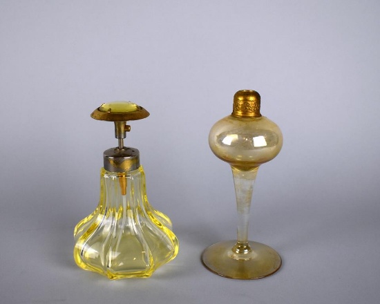 Mid-Century Yellow Perfume Bottle & Vintage DeVilbiss Iridescent Gold Perfume Bottle