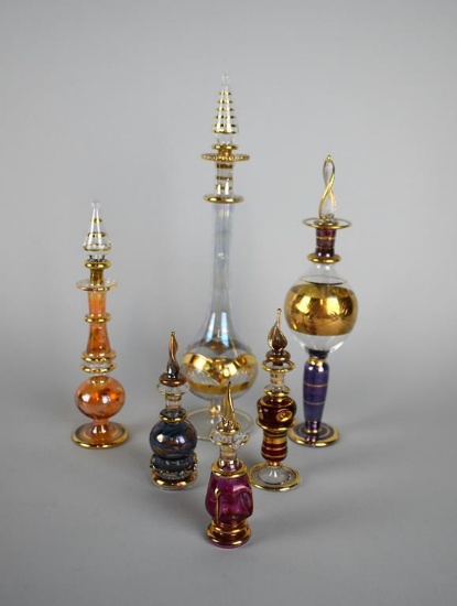 Lot of Six Egyptian Glass Perfume Bottles of Varying Heights w/ Daubers
