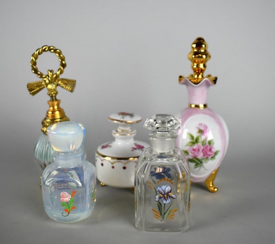 Lot of Five Perfume Bottles w/ Stoppers & Dauber: Guerlain, Stylebuilt, & Others
