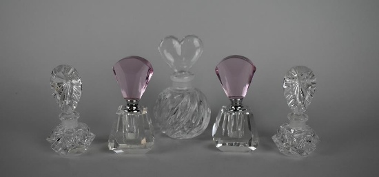 Lot of Five Small Pink & Clear Glass Perfume Bottles: Irice, Home Accents, & Crystal Clear