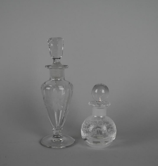 Two Etched Clear Crystal Bottles w/ Stopper & Dauber: Italy & Other