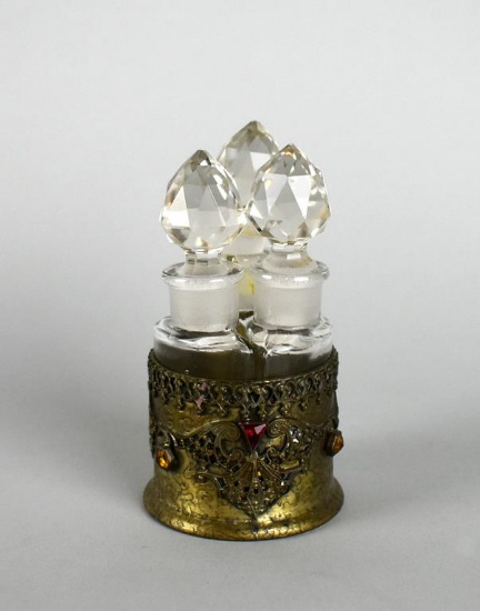 Vintage Silvercraft Three Bottle Perfume Caddy w/ Ormolu and Rhinestones