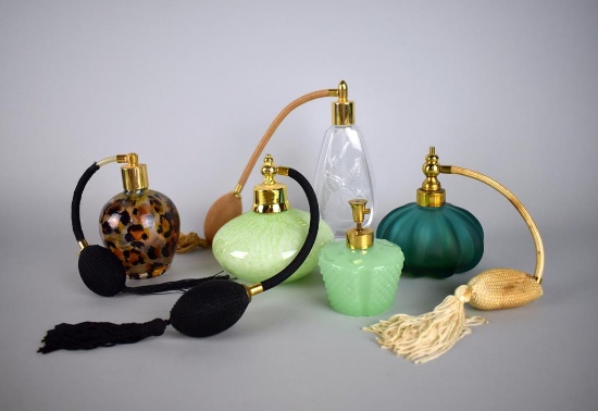 Lot of Five Perfume Bottles w/ Stoppers w/ Atomizers: France, Japan, Others
