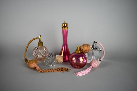 Lot of Five Clear, Pink, & Cranberry Glass Perfume Bottles w/ Atomizers