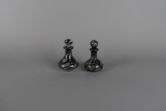 Pair of Small Silver Overlay Perfume Bottles w/ Stoppers