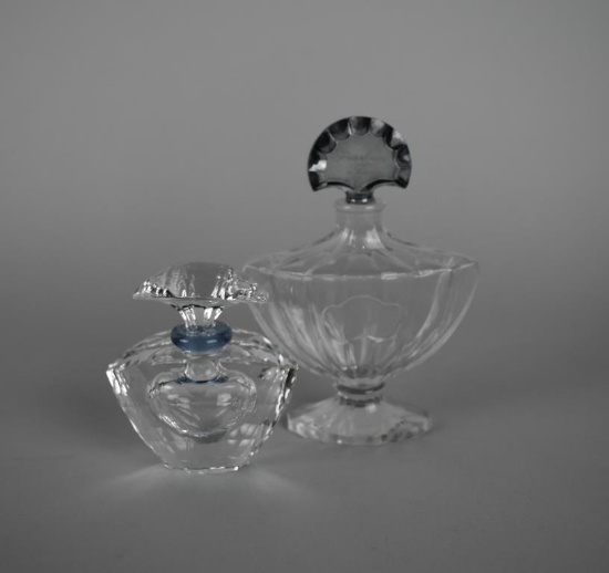 Lot of Two Clear & Blue Perfume Bottles w/ Stoppers: Guerlain/Baccarat Design & Other
