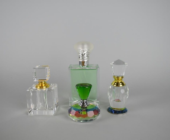 Lot of Four Clear & Faceted Perfume Bottles: Celadon & Others