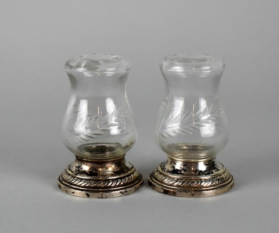 Pair of Sterling Silver Footed Etched Glass Salt & Pepper Shakers