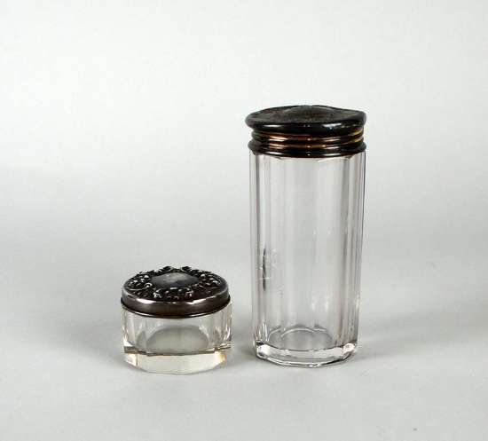 Two Sterling Silver Lidded Glass Jars