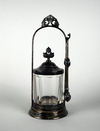 Antique Silver Plate Pickle Castor Jar Frame with Tongs and Glass Jar